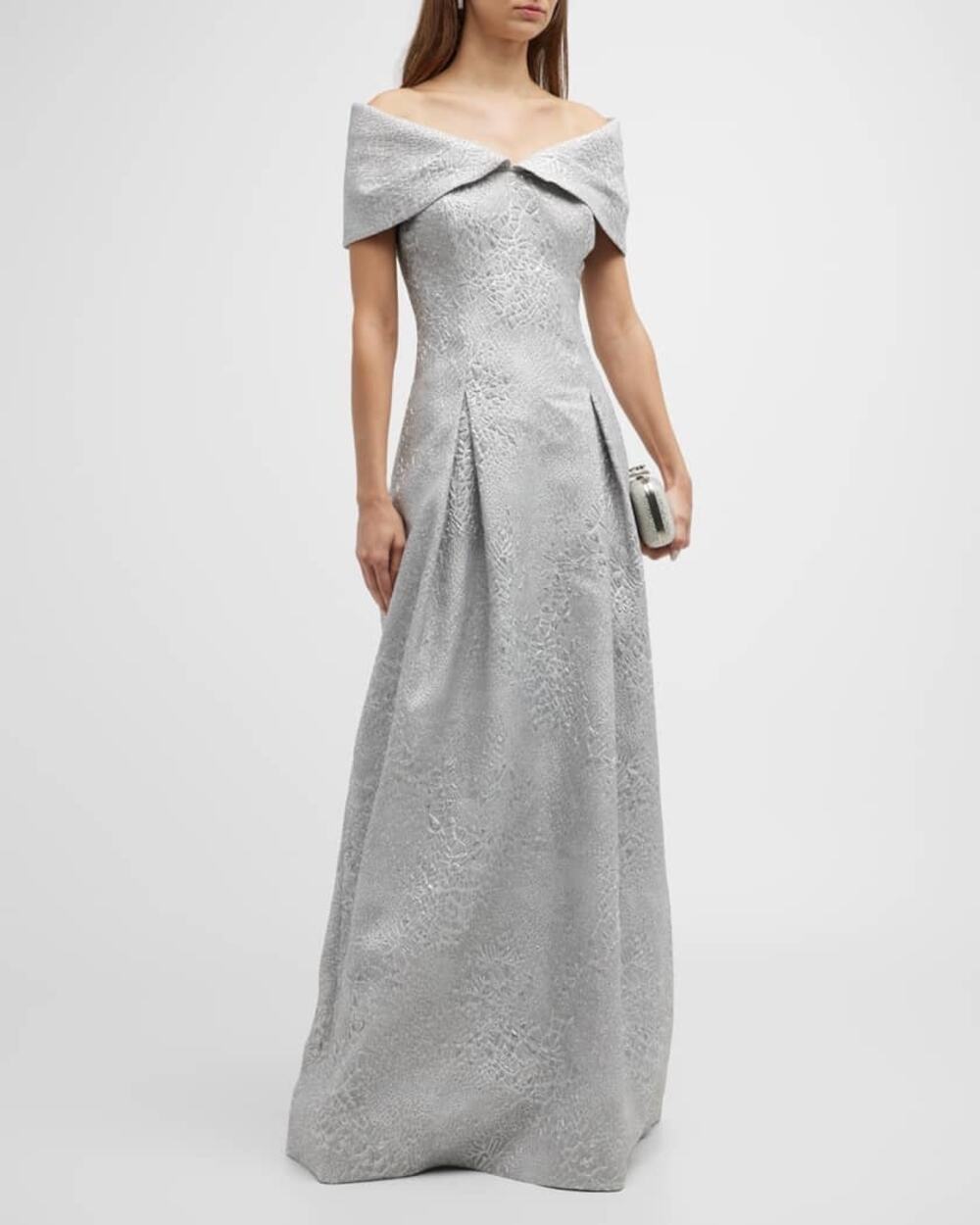 Rickie Freeman Teri Jon Silver Off Shoulder Jacquard Formal Gown 12